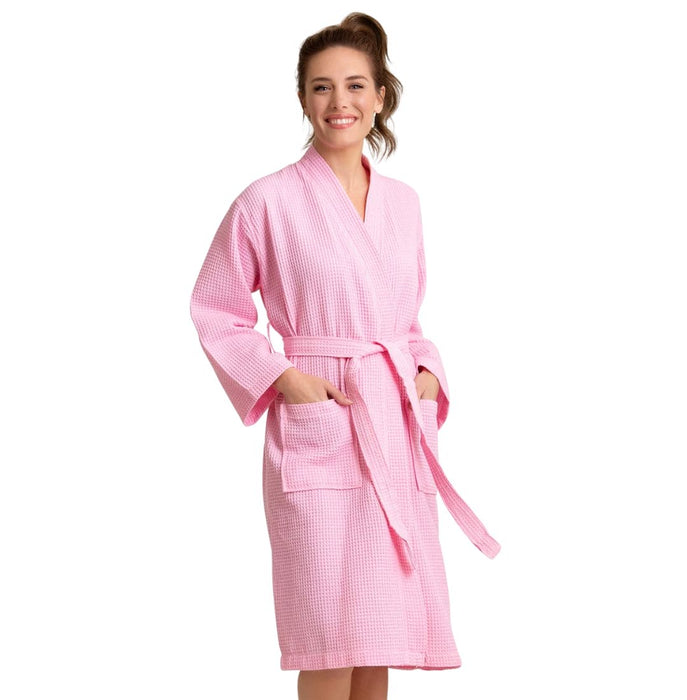 Premium Women's Long Waffle Bathrobe, Kimono Style, Luxury Robe Poly blend (Pink)