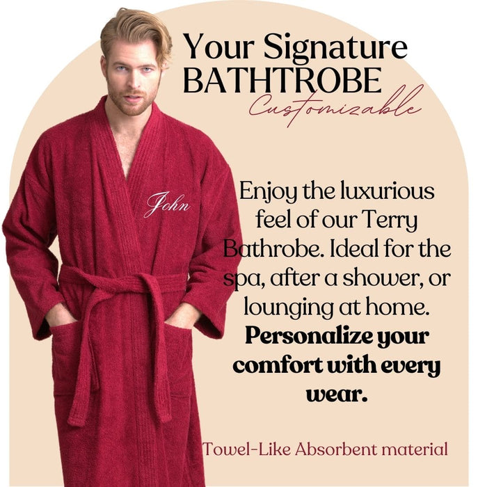 Men's Terry Cloth Bathrobe, Kimono Style, Luxurious & Comfortable, (Burgundy)