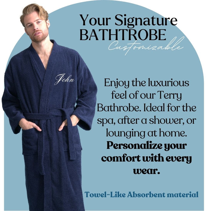 Men's Terry Cloth Bathrobe, Kimono Style, Luxury & Comfortable, (Navy)