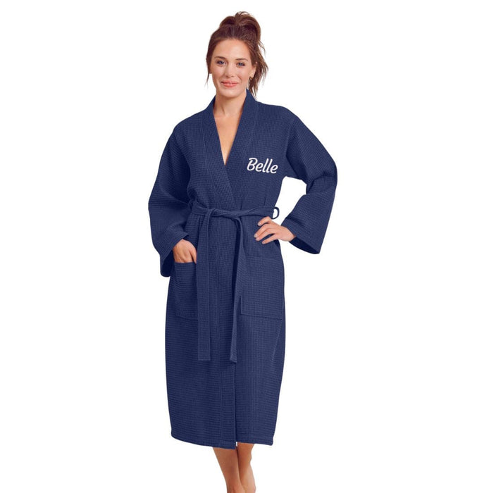 Premium Women's Long Waffle Cotton Turkish Bathrobe, Kimono Style, Luxury Robe Poly blend (Navy)