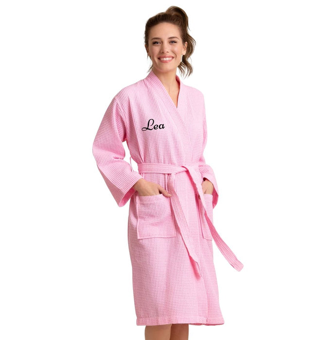 Premium Women's Long Waffle Bathrobe, Kimono Style, Luxury Robe Poly blend (Pink)