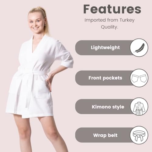 Women's Waffle Kimono Short Bathrobe- Luxurious Cotton Turkish, Absorbency, Lightweight (White)