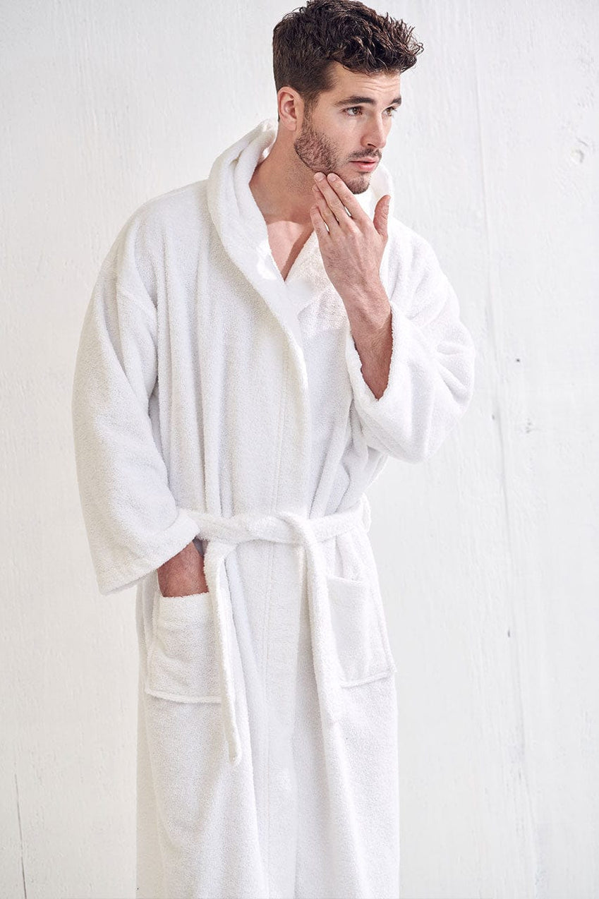 Men's Terry Cloth Hooded Bathrobe, Luxury Soft Cotton & Comfort, (Whit ...