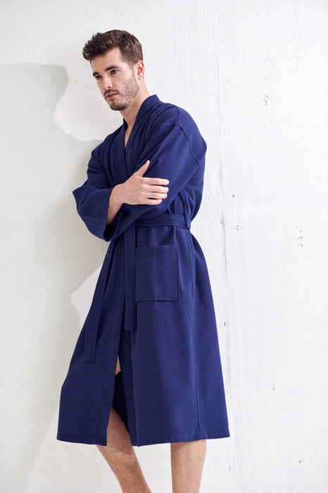 Ham &Sam Men's Robe Knit Bamboo Cotton Long Bathrobe Spa Sleepwear Soft NEW  Navy