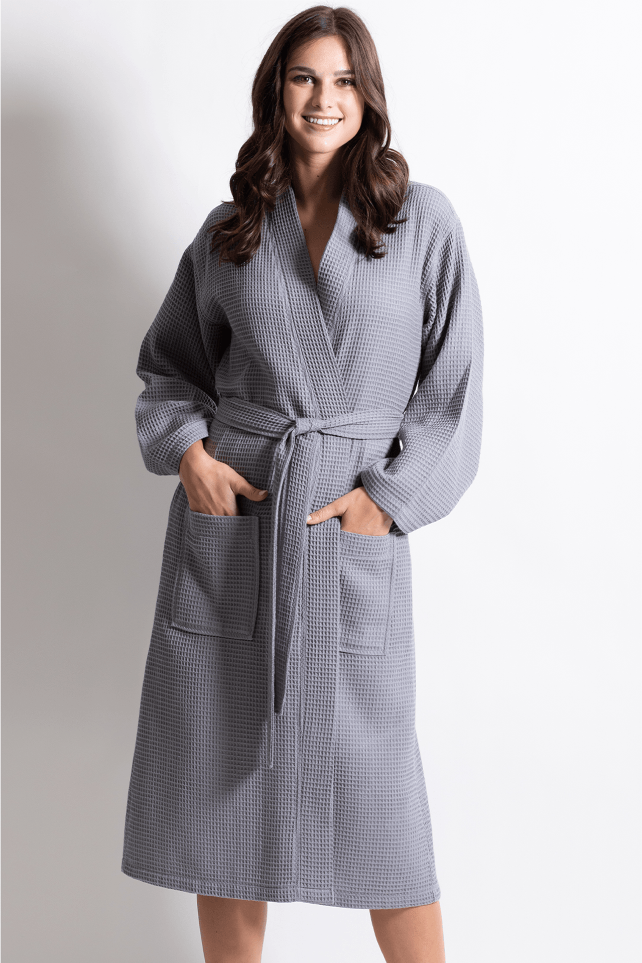 Premium Waffle Robe Long Polyblend Grey — Robesnmore 3477